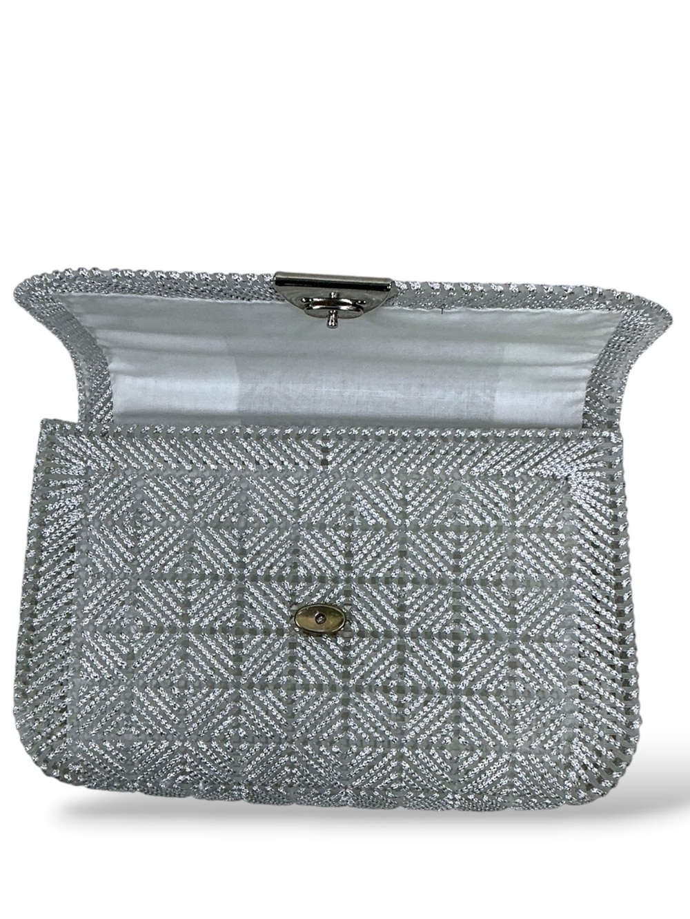 Silver Sparkly Evening Bag Clutch Reflective Metallic Flap Closure Vintage 90’s - Picture 5 of 13